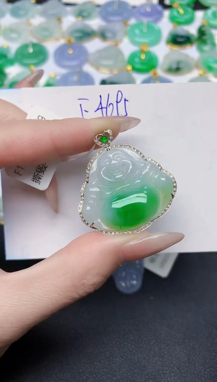 颈饰18K金镶嵌翡翠天然缅甸A货翡翠百元以上9元证书费自理