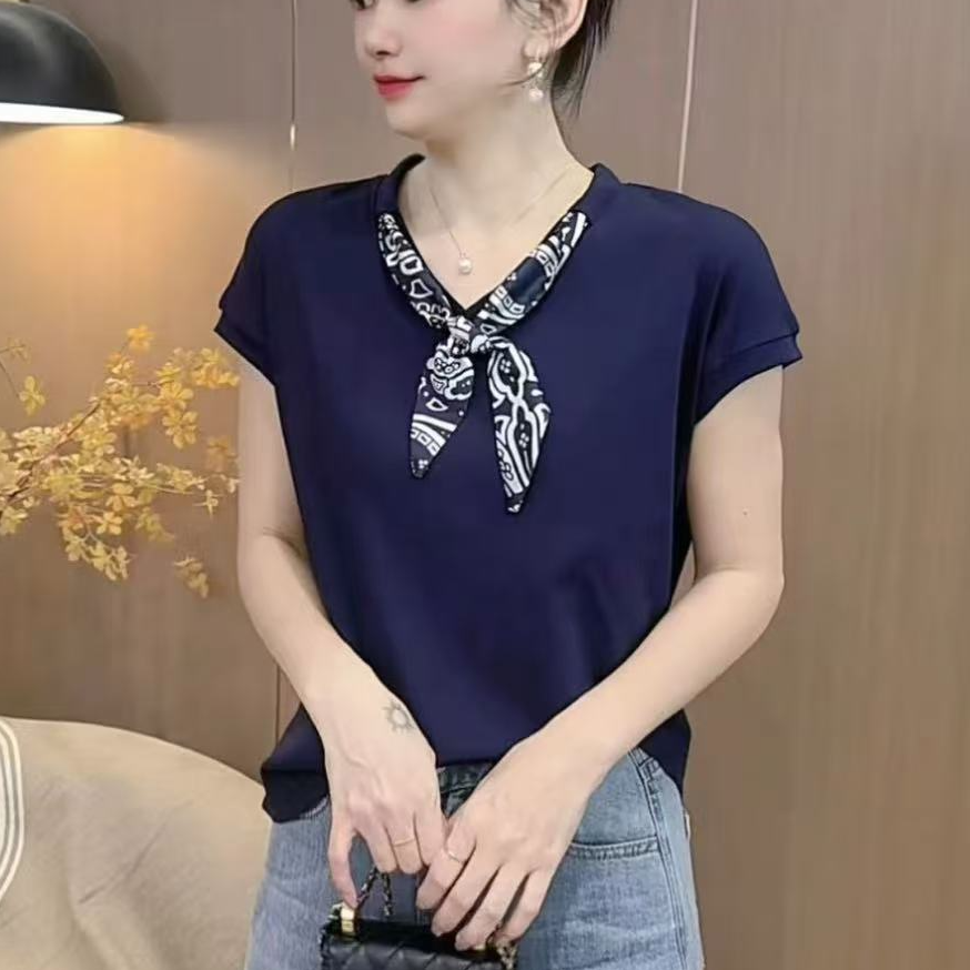 小鑫肝@现货浮力飞机袖老钱风V领丝巾装饰纯色休闲百搭T恤 1220