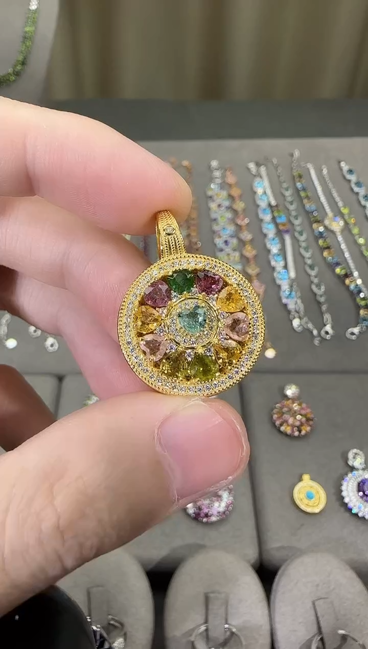 颈饰银S925镶嵌碧玺20mm吊坠八宝罗盘多样性发一