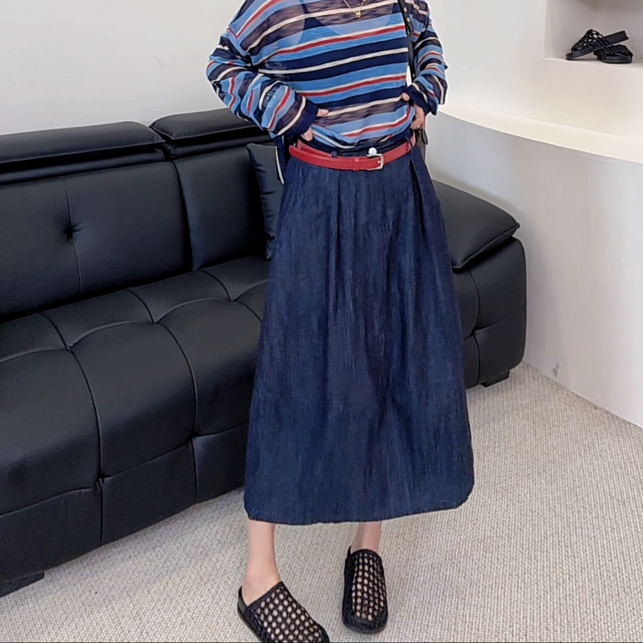 【郁儿严选】2573夏季复古牛仔半身裙显瘦遮胯法式大摆过膝a字伞裙