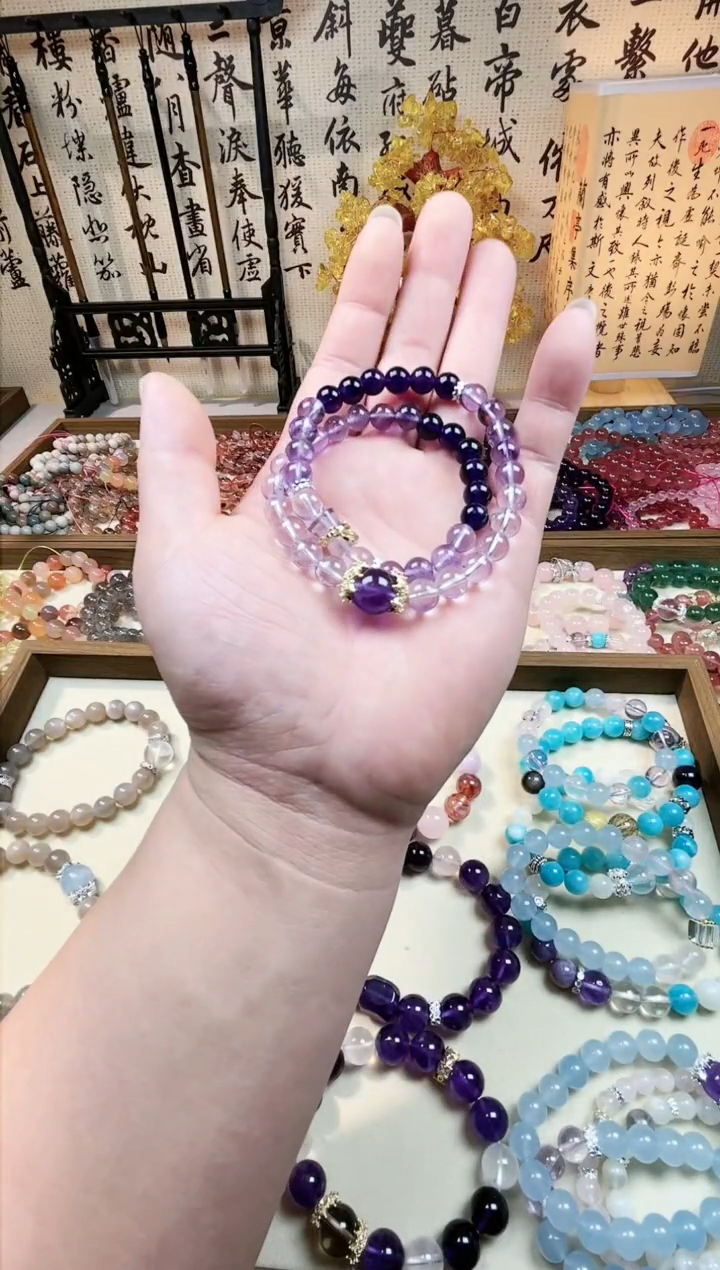 【闪购商品】硅化玉手链合金紫水晶双圈手串，尺寸8mm