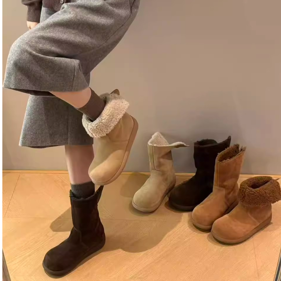 冬日小暖炉2025年新款芒果头丑萌短靴韩版加绒两穿高帮棉靴雪地靴