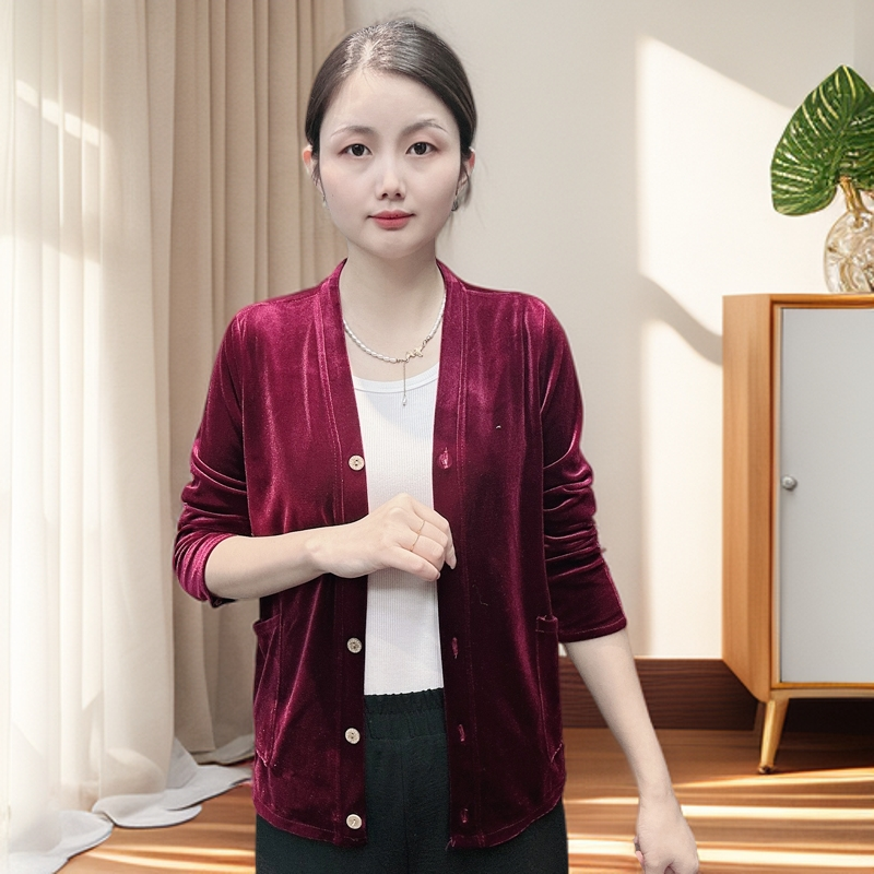 秋季新款女士金丝绒外套时尚休闲显瘦中老年开衫百搭洋气纯色上衣