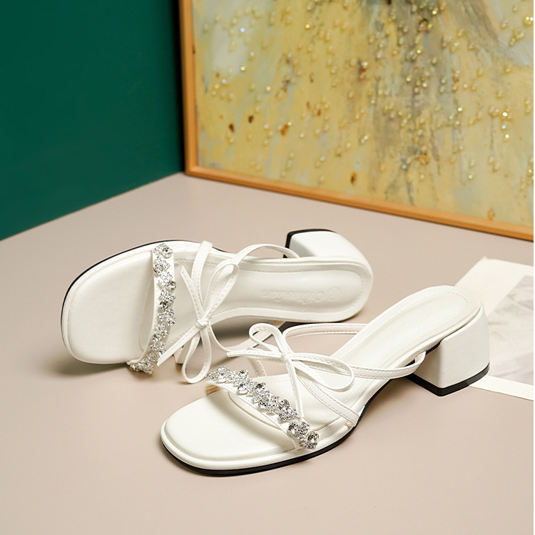 5CM水钻凉鞋女蝴蝶结高跟鞋外穿银色绝美仙女风露趾粗跟凉拖鞋子