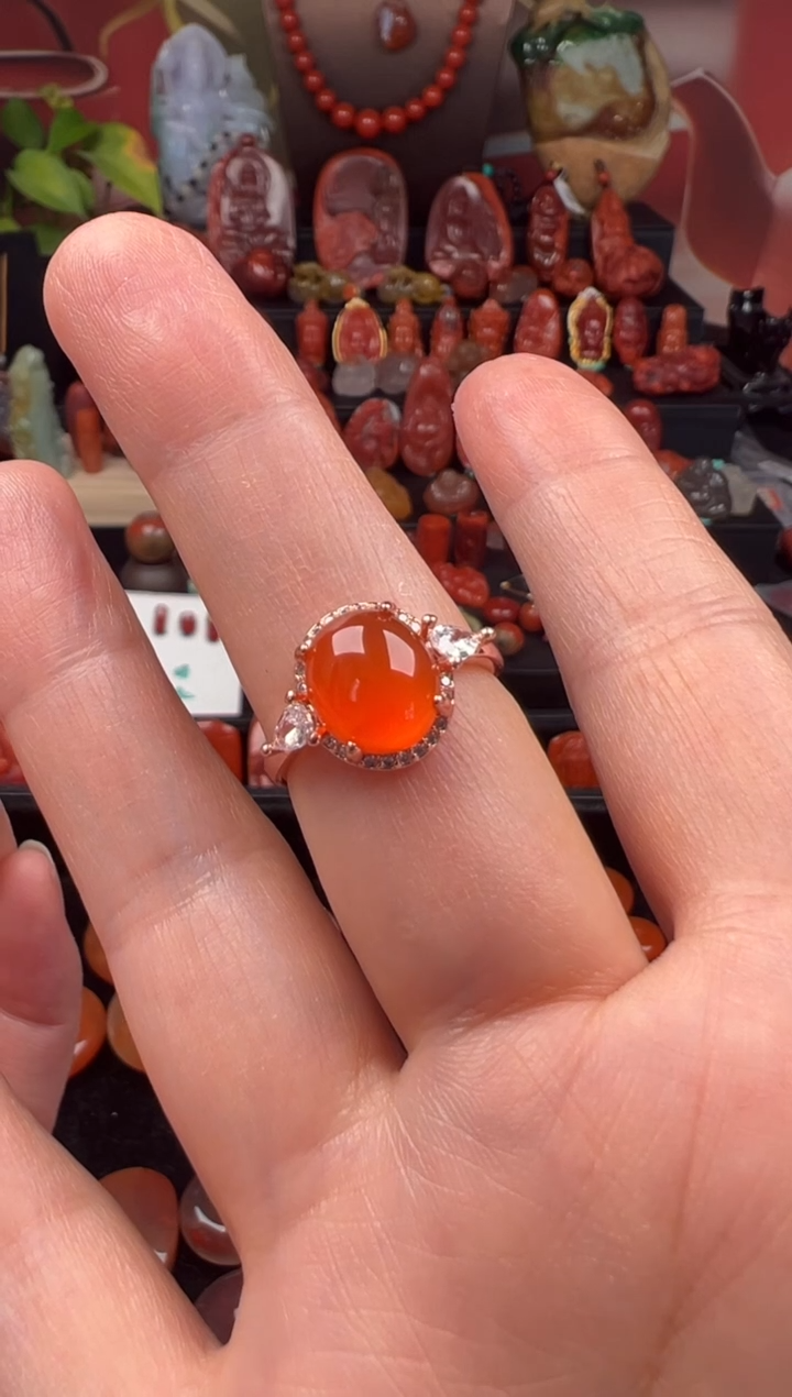 银S925镶嵌南红玛瑙戒指老*方戒指