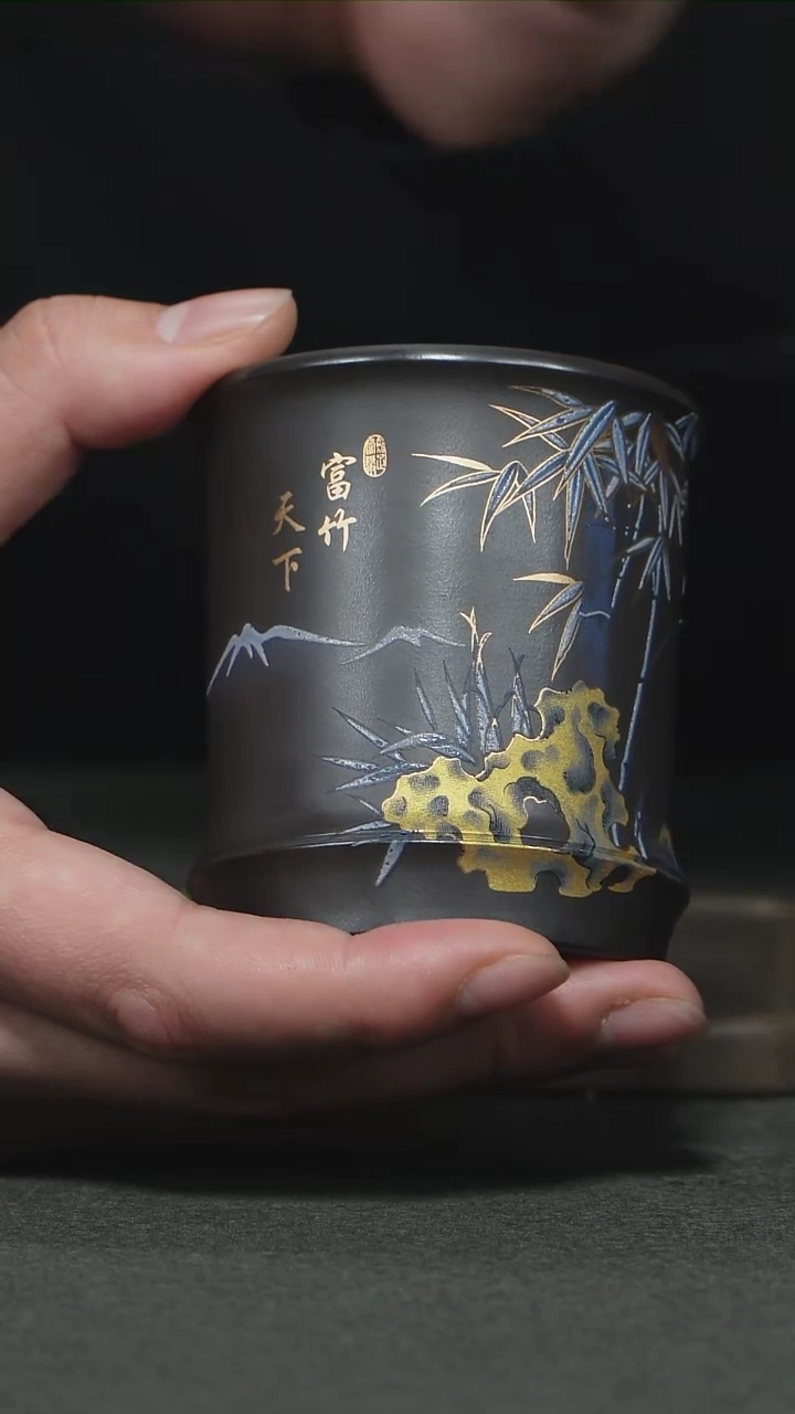 【闪购商品】紫砂茶杯石黄手绘富竹天下