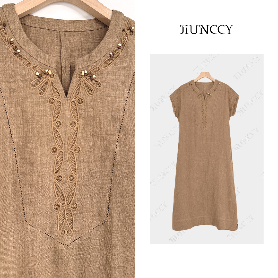 JIUNCCY【木兰】全亚麻镂空重工绣花手工钉果木珠连衣裙 52YLYQ019