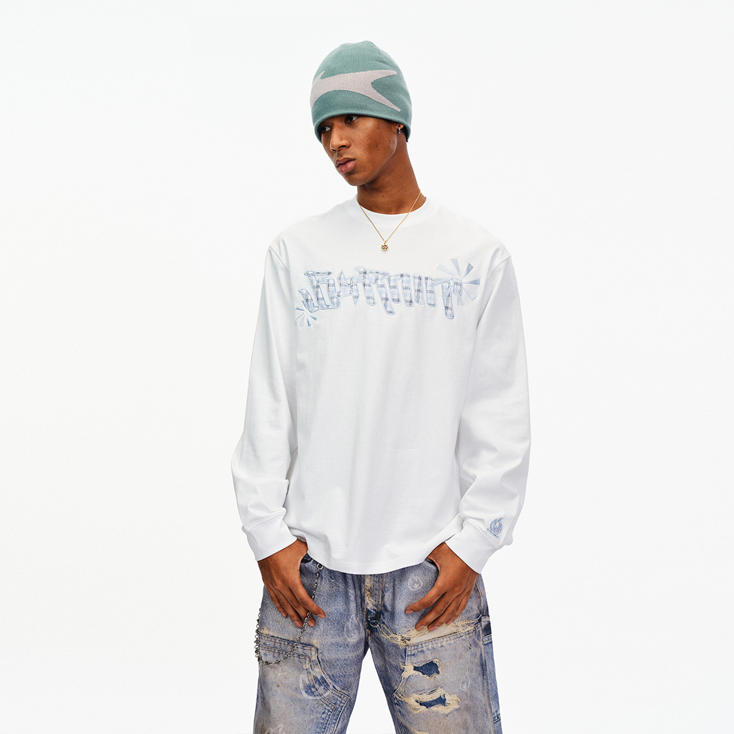 BURNIN*火苗风车贴布绣长袖T恤男简约休闲宽松圆领上衣情侣百搭潮