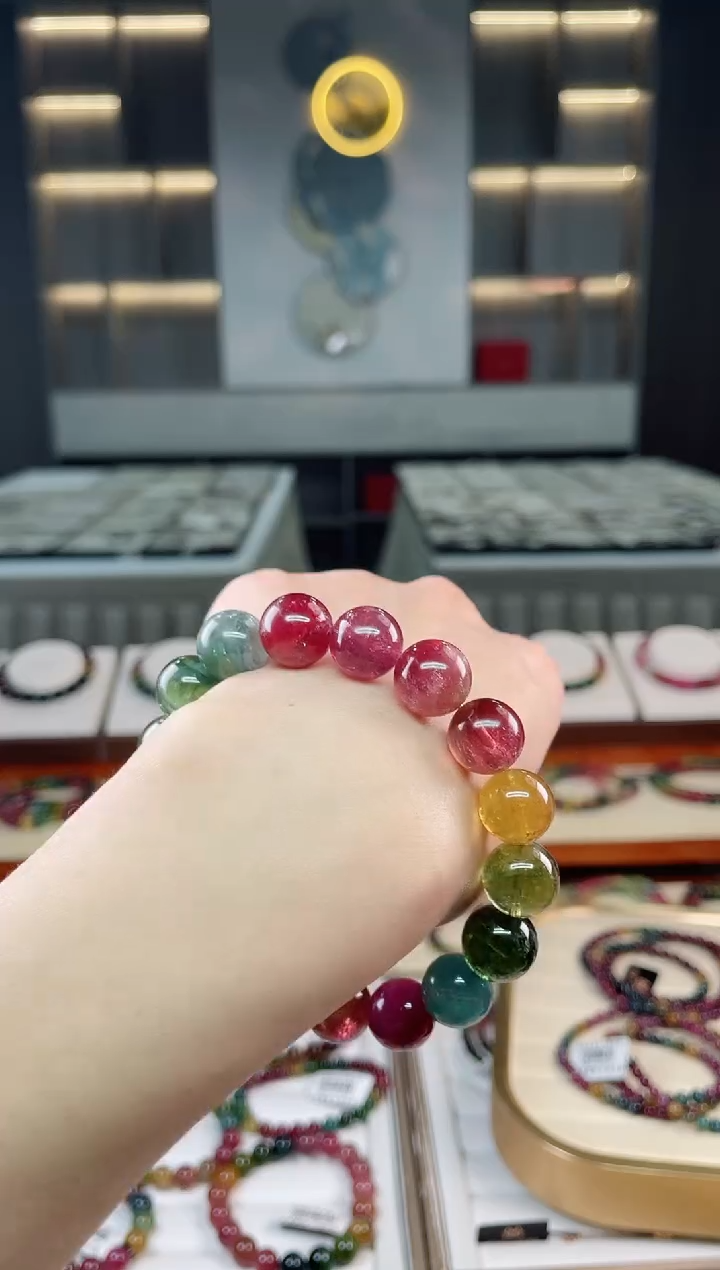 未镶嵌老矿碧玺彩虹单圈手串12mm+碧玺碧玺多样性发一条T