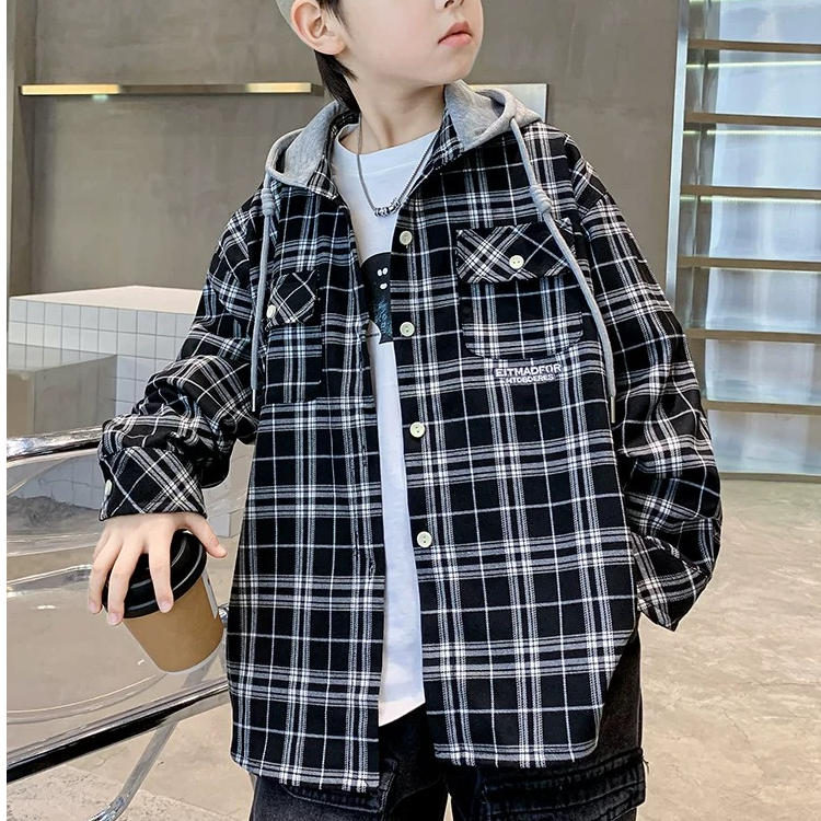 2025新款儿童格子衬衫中大童衬衣薄款痞帅连帽外套9409