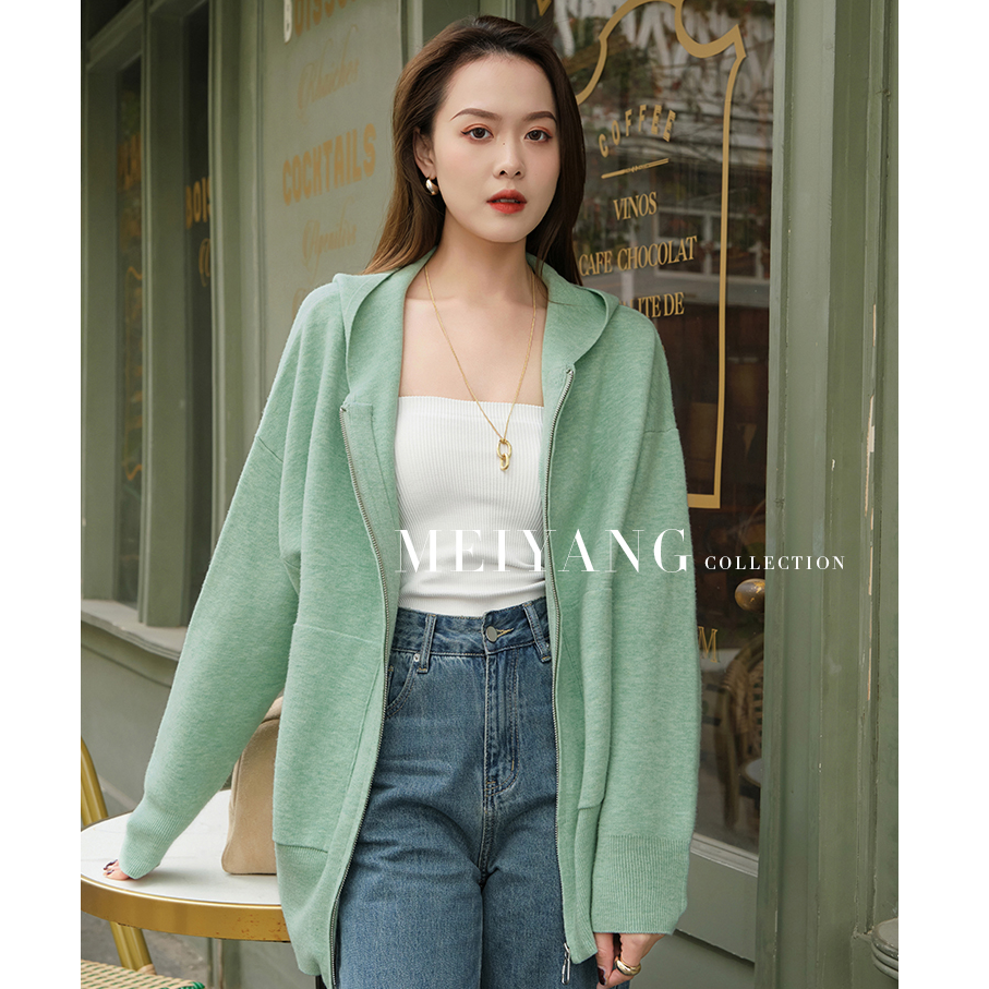 美洋MEIYANG 薄荷糖开衫 连帽运动拉链毛针织衫外套秋冬气质