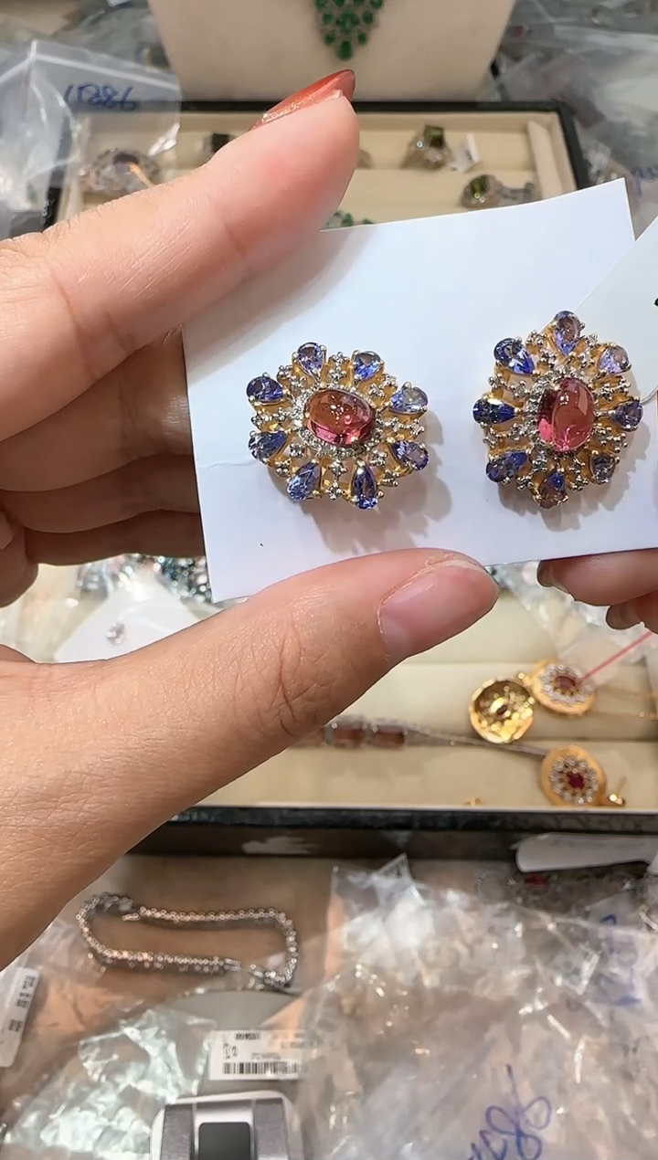 【闪购商品】定制碧玺吊坠银S925镶嵌耳饰