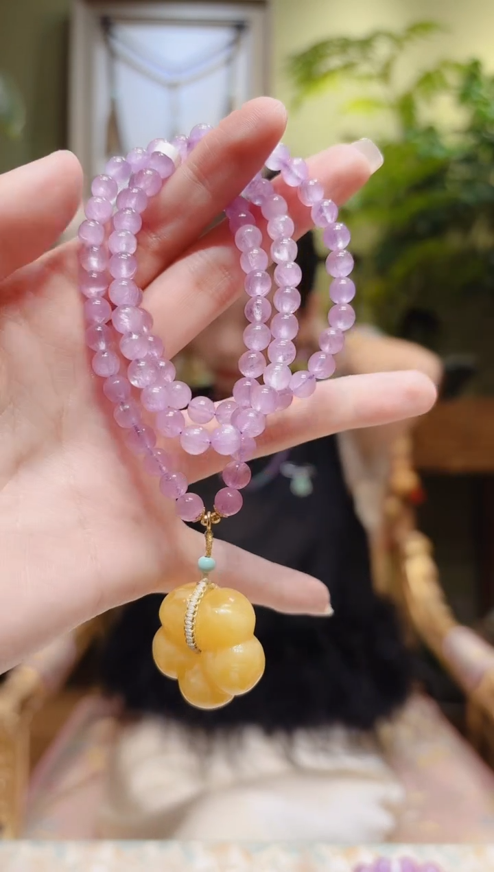 【闪购商品】锂辉石手串18K金镶嵌蜜蜡花紫锂辉项链弹力绳