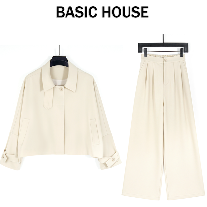 Basic House/百家好CSM时尚新款气质显瘦休闲翻领外套阔腿裤套装