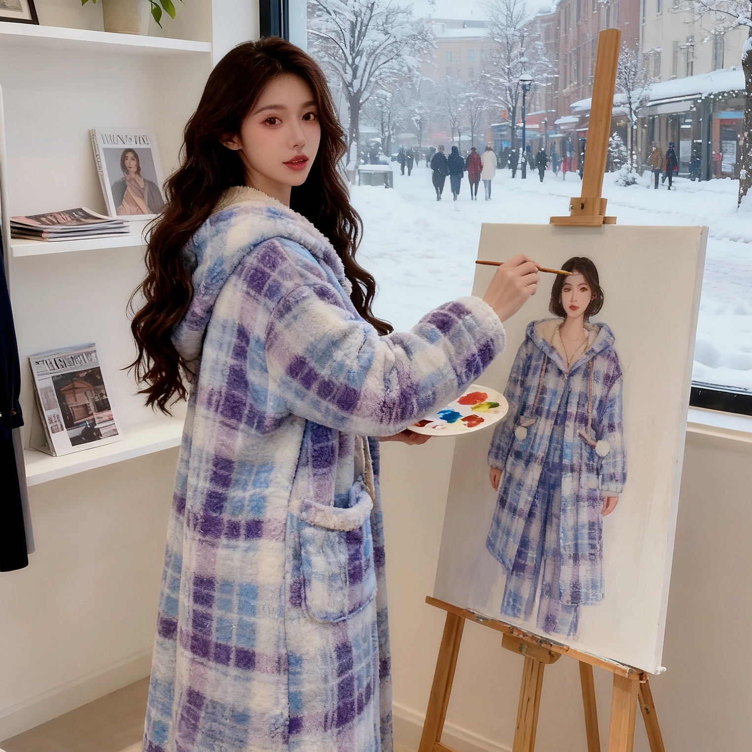 新款 【蓝色海岸线】 蓝格纹冬季双层睡袍 连帽长款加绒加厚家居服