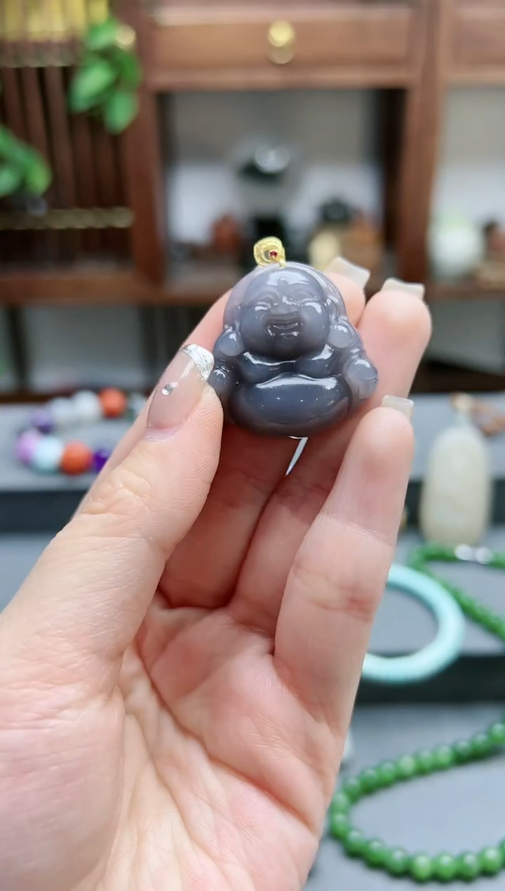 【闪购商品】和田玉吊坠18K金镶嵌18k金和田玉烟紫佛公吊坠 QC赠链