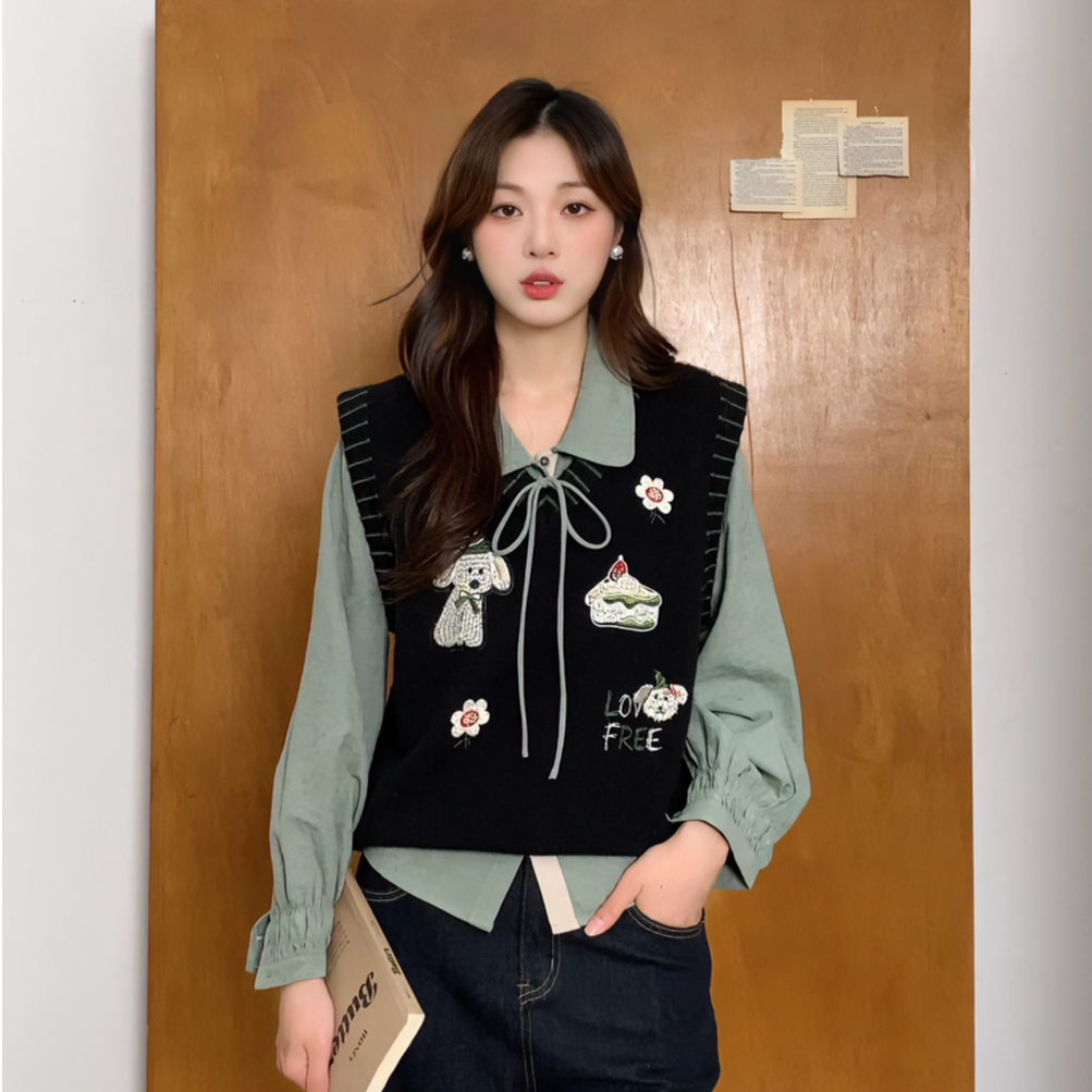 张汽水新款复古秋冬两件套绿色衬衫黑色刺绣背心马甲DY2025231