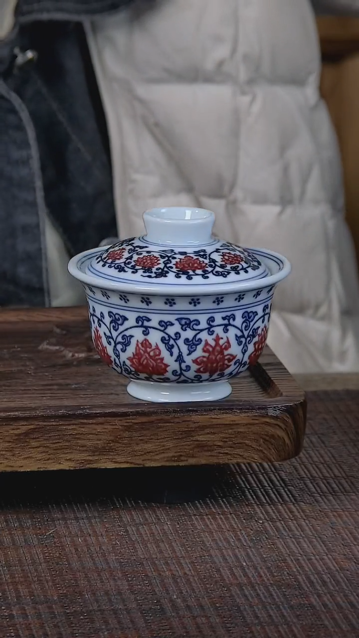 【闪购商品】折葵非器手工手绘青花釉里红缠枝盖碗