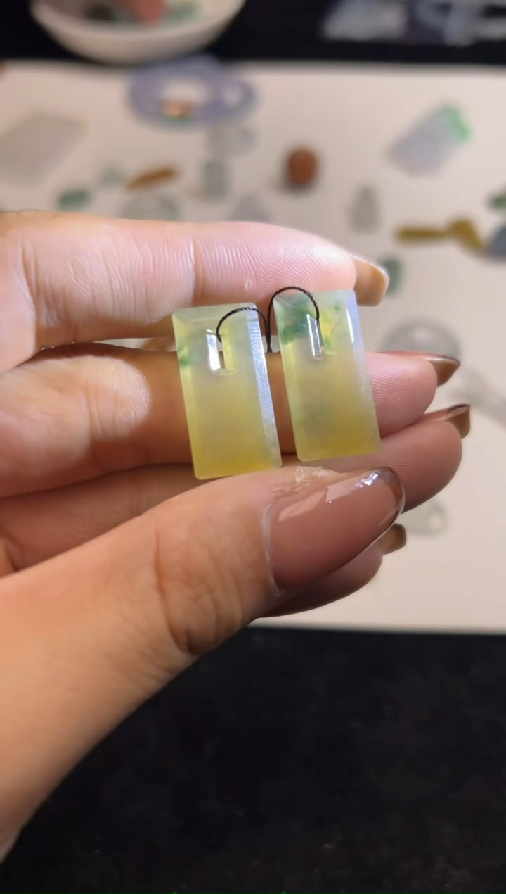 未镶嵌定制翡翠3800+380冰黄方糖一对-zxh032