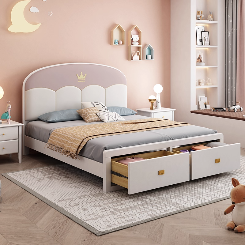 儿童床女孩公主床现代简约美式实木单人软包1.35米收纳储物抽屉床