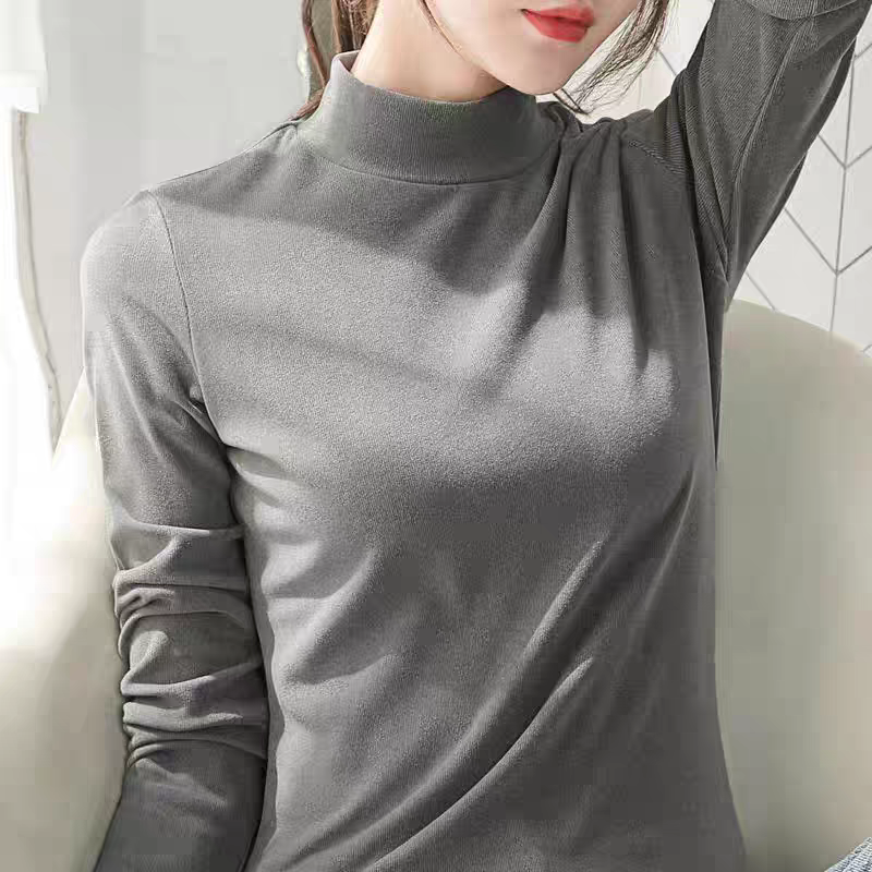 23873#双面德绒半高领打底衫女秋冬内搭加厚长袖2025新款百搭T恤