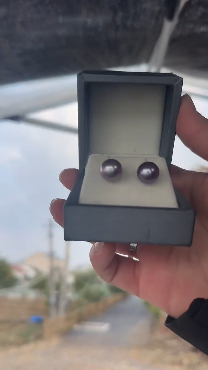 银S925镶嵌耳饰淡水珍珠【紫珠耳钉】10-11m 正圆 天然淡水珍珠