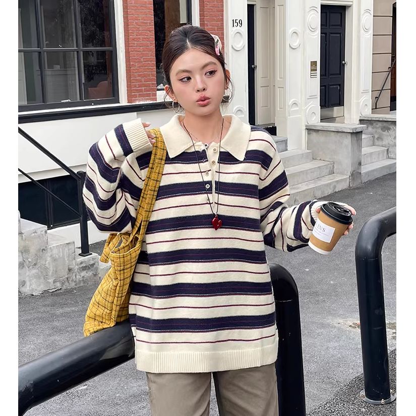 小草宽松定制秋冬polo领条纹毛衣大码女装胖mm遮屁股独特漂亮上衣