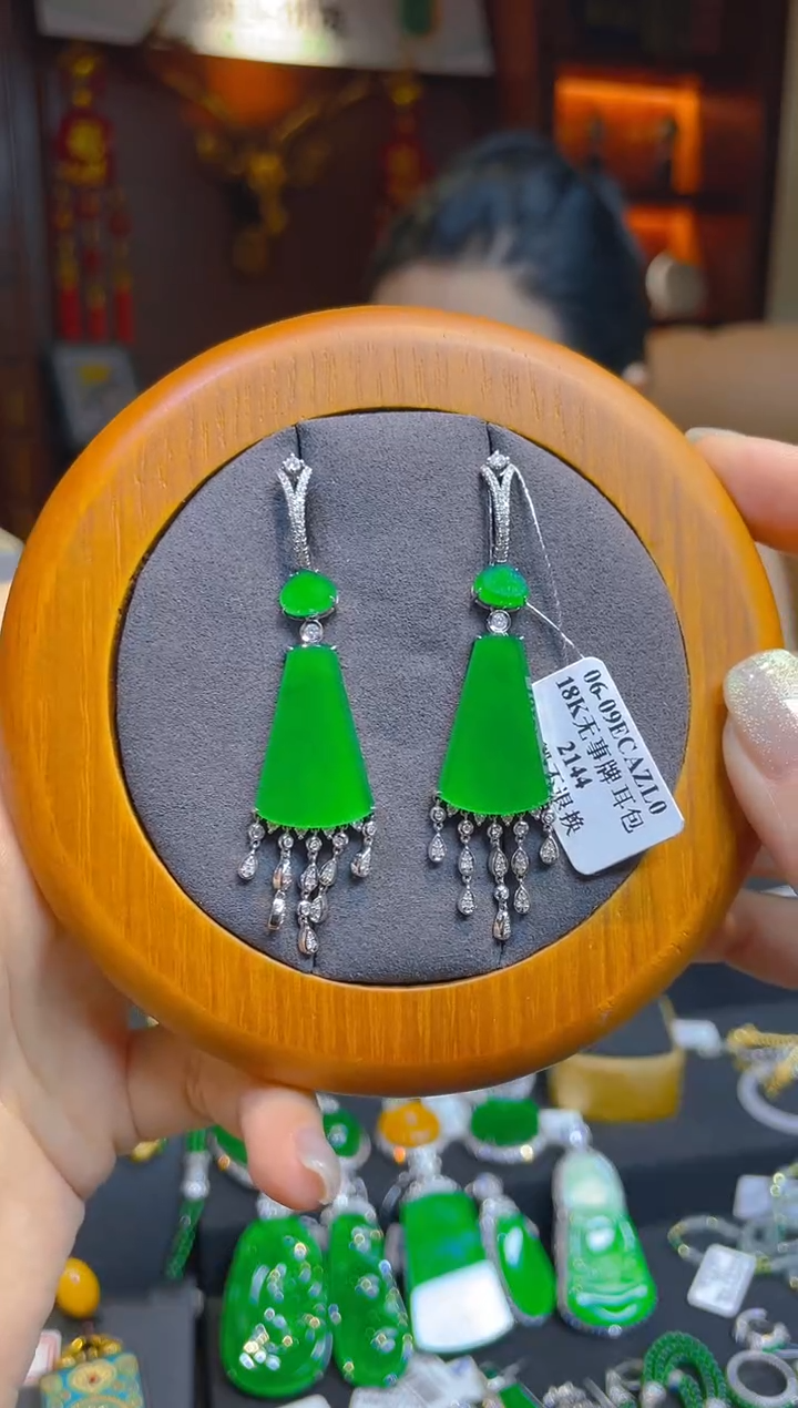 翡翠18K金镶嵌耳饰天然A货翡翠无事耳坠/134714