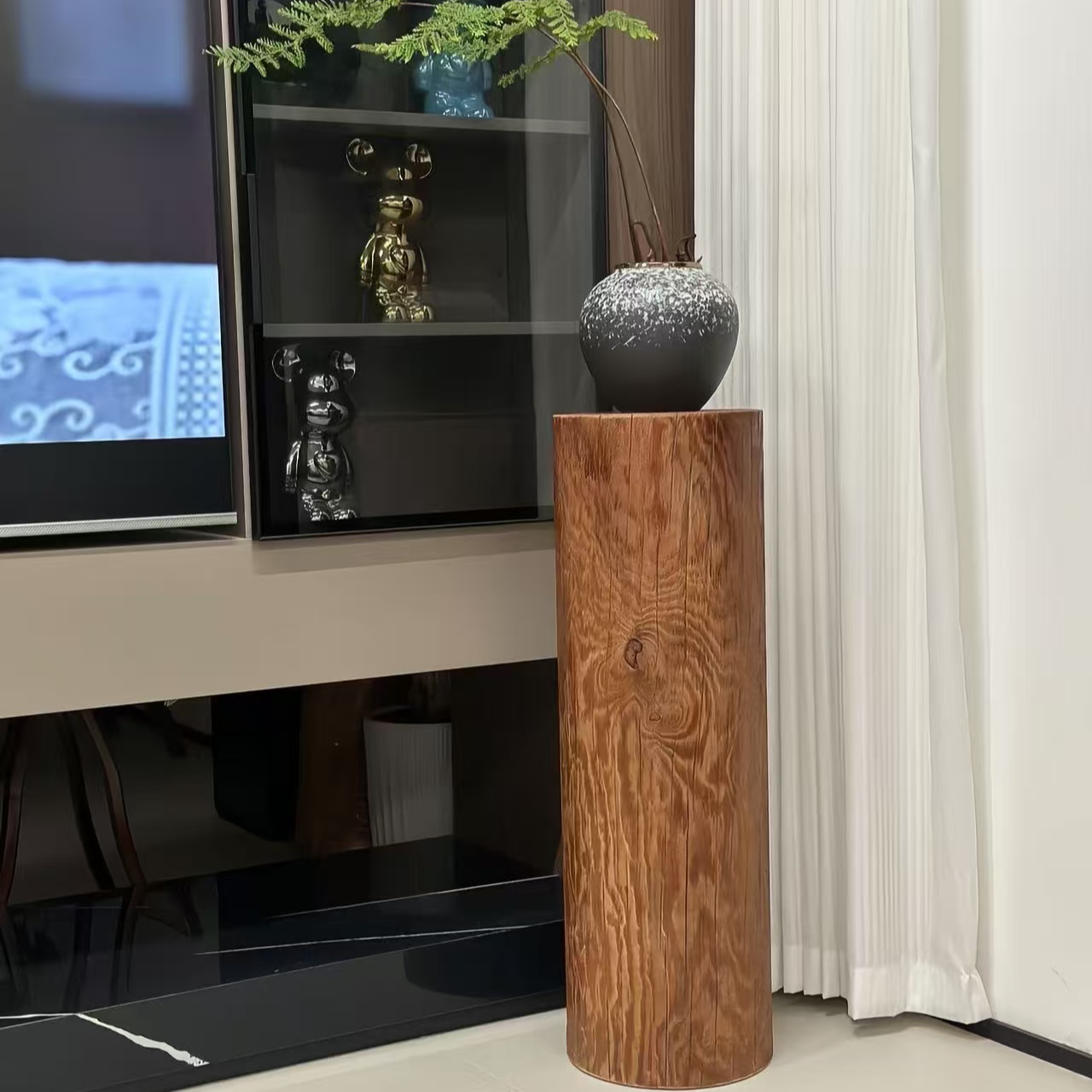 中古风实心整木玄关木墩花架客厅沙发边几底座木桩根雕酒店展示台