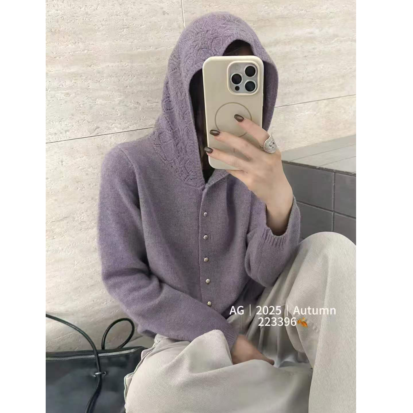 【蕾丝复古工艺】花纱紫法式连帽针织衫连帽套开衫帽衫女外套