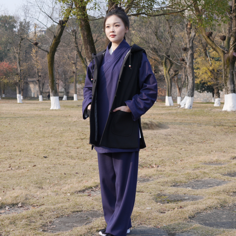 太苑加棉加厚短款带帽马甲男女同款复古中国风太极练功服/道服