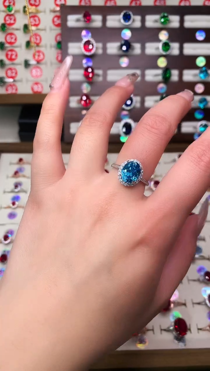 银S925镶嵌戒圈海蓝宝石8*10 银托