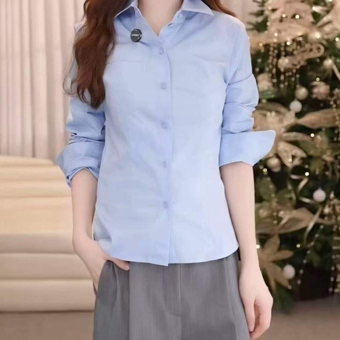 25新款收腰显瘦经典款长袖百搭衬衫530022蓝色