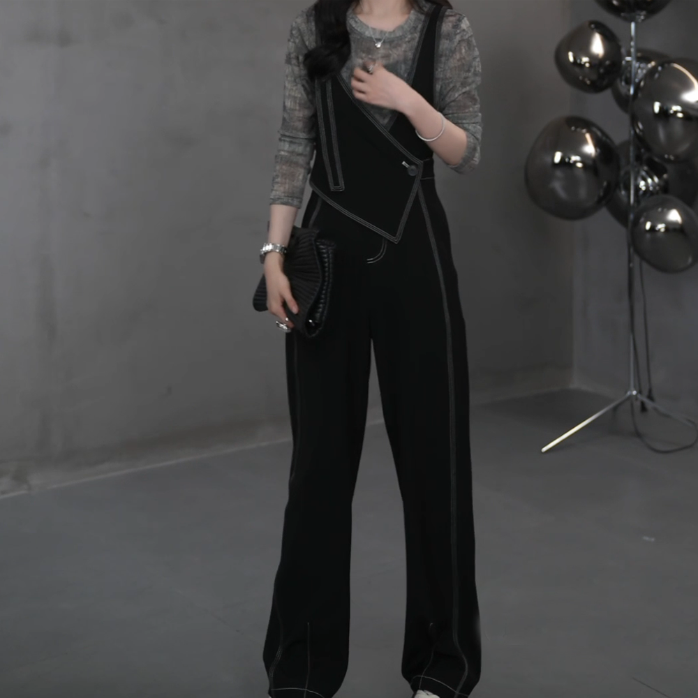 时尚重工设计师双肩带酷飒风纯色显瘦连体裤休闲裤裤子