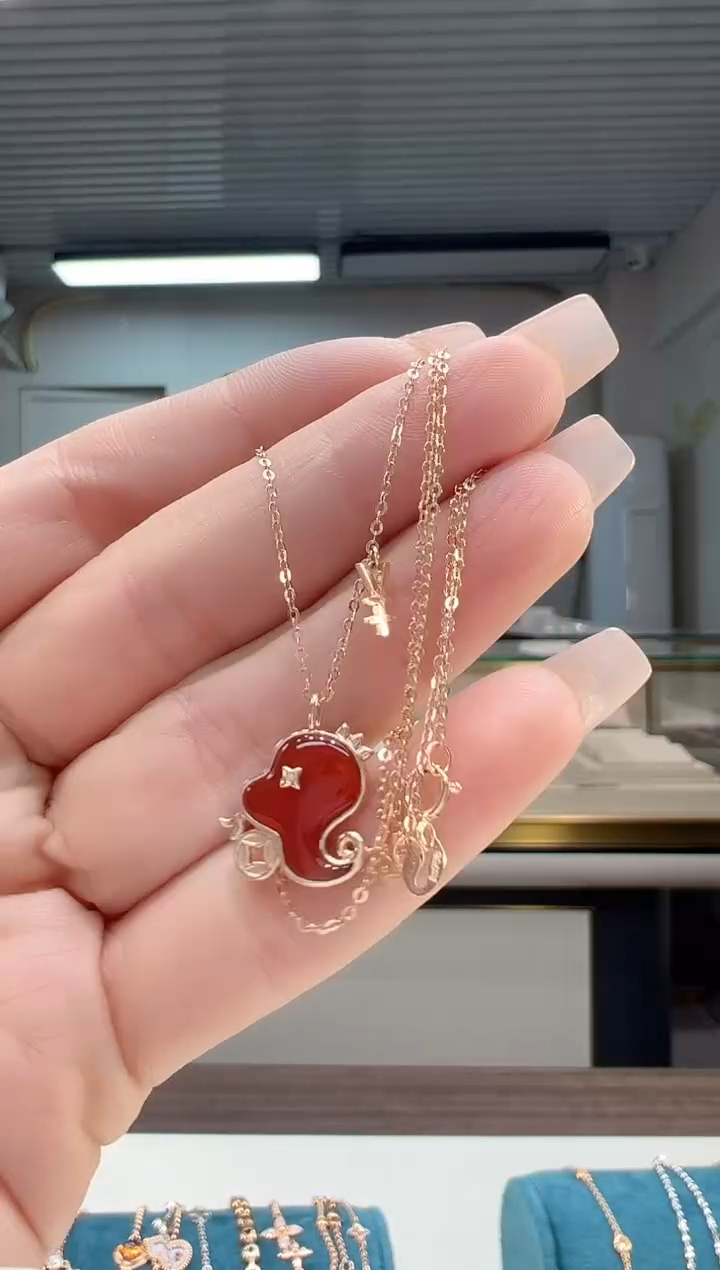 【闪购商品】玛瑙/玉髓套链18K金镶嵌红玛瑙小蛇项链K红