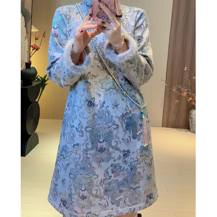 新中式国风加绒加厚长袖毛毛网红旗袍裙连衣裙裙子女