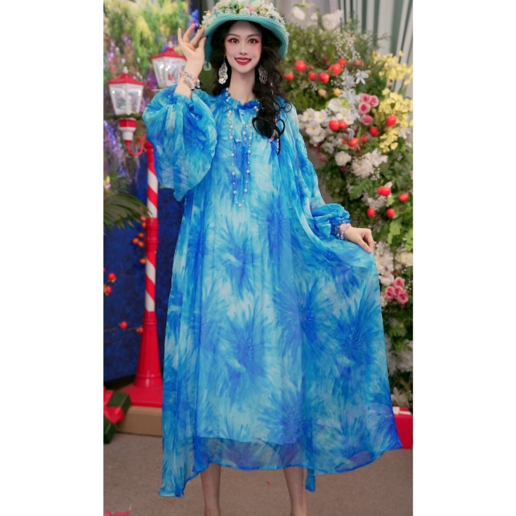 25新款法式设计师夏桑蚕丝气质宽松时尚长款女装连衣裙251D525