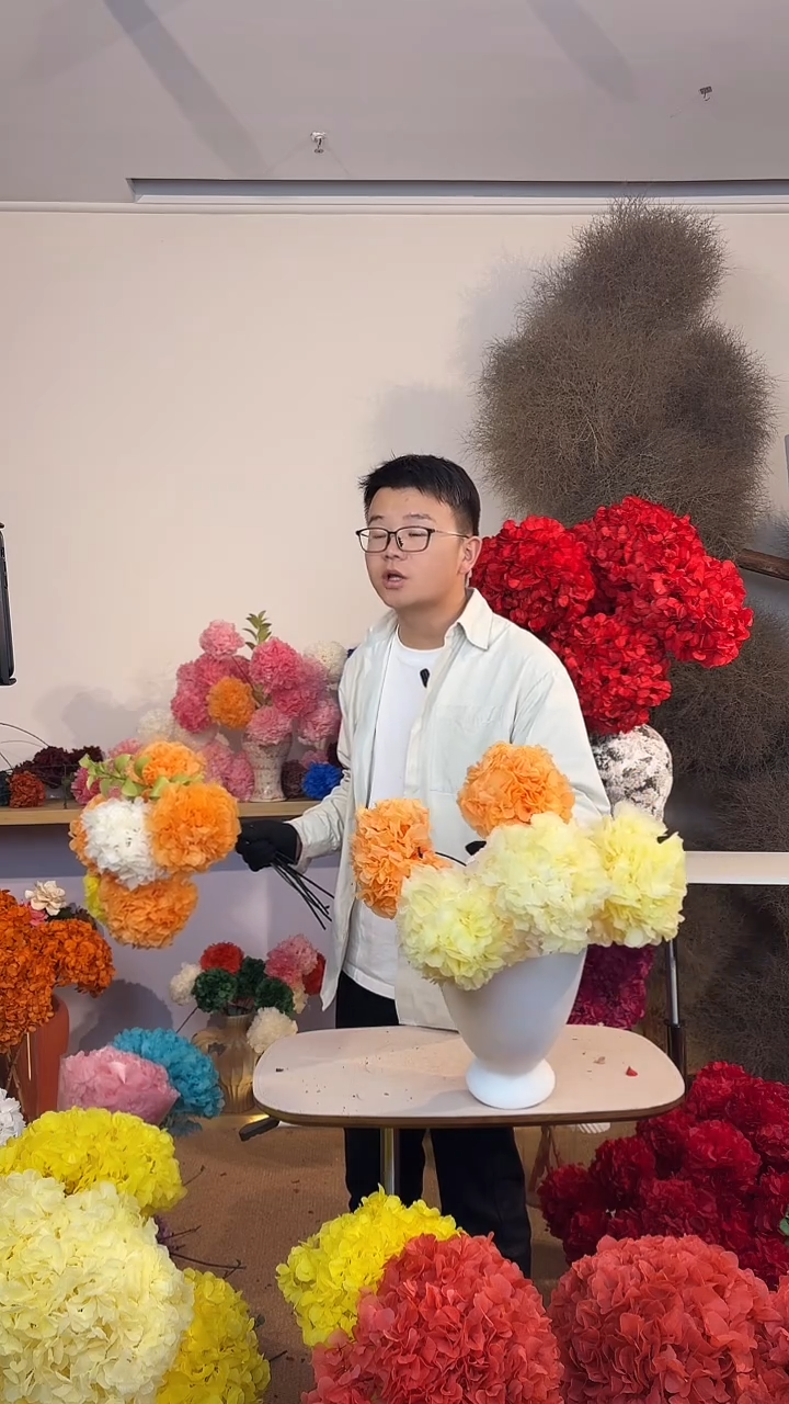  漂色永生绣球花球5枝 —鹅黄3/橙2