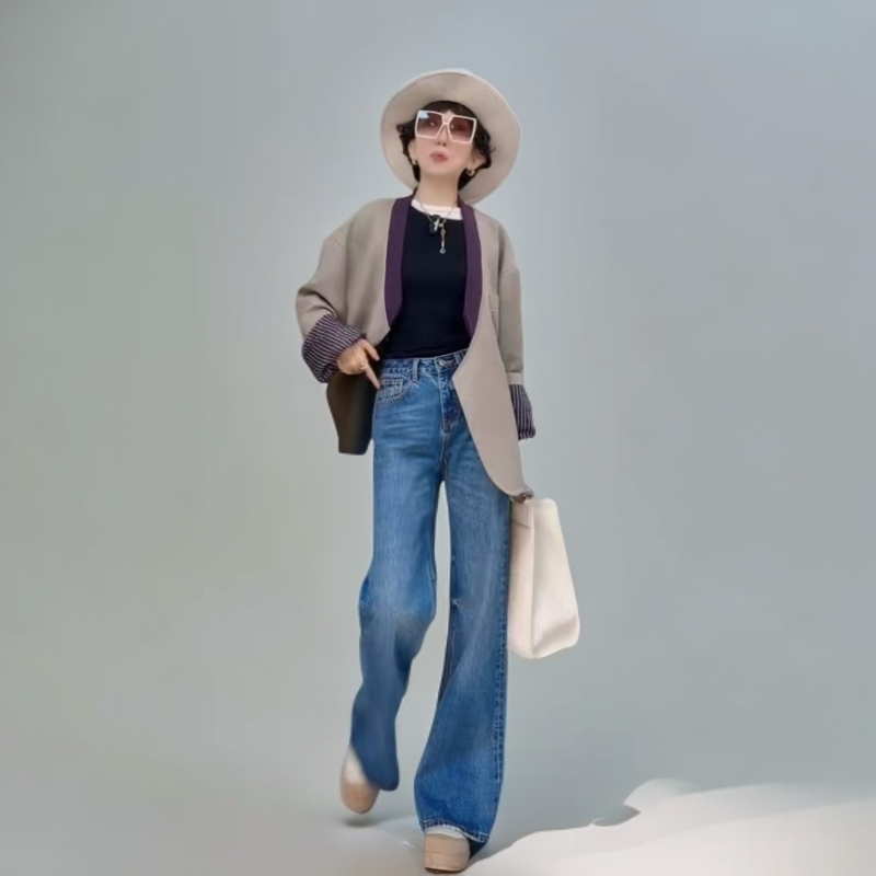 新款90021港版蓝色休闲极简风直筒微喇时尚百搭显瘦修身牛仔裤 