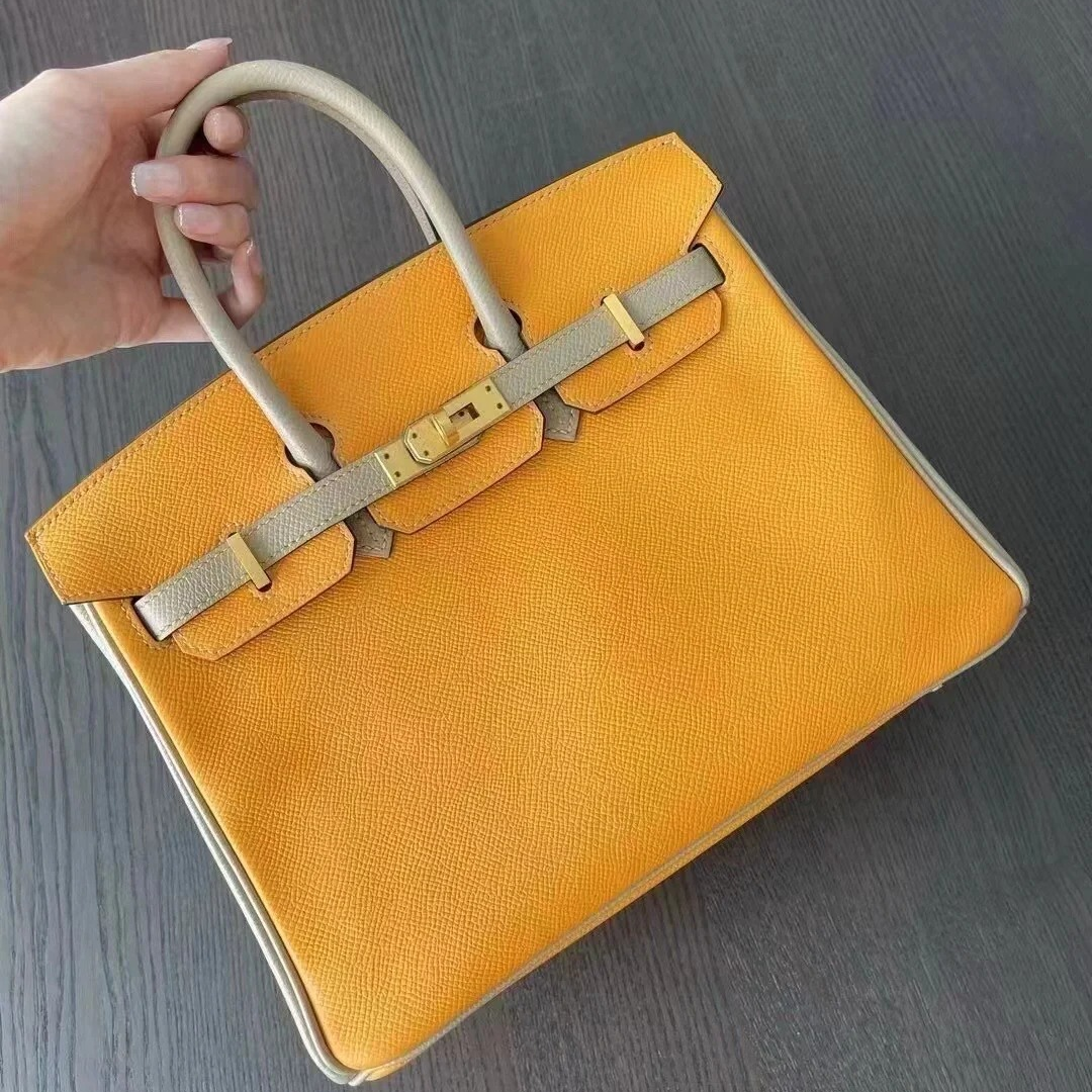99新 Hermes/爱马仕 小花Jerry Birkin25 太阳黄拼风衣灰 C刻包