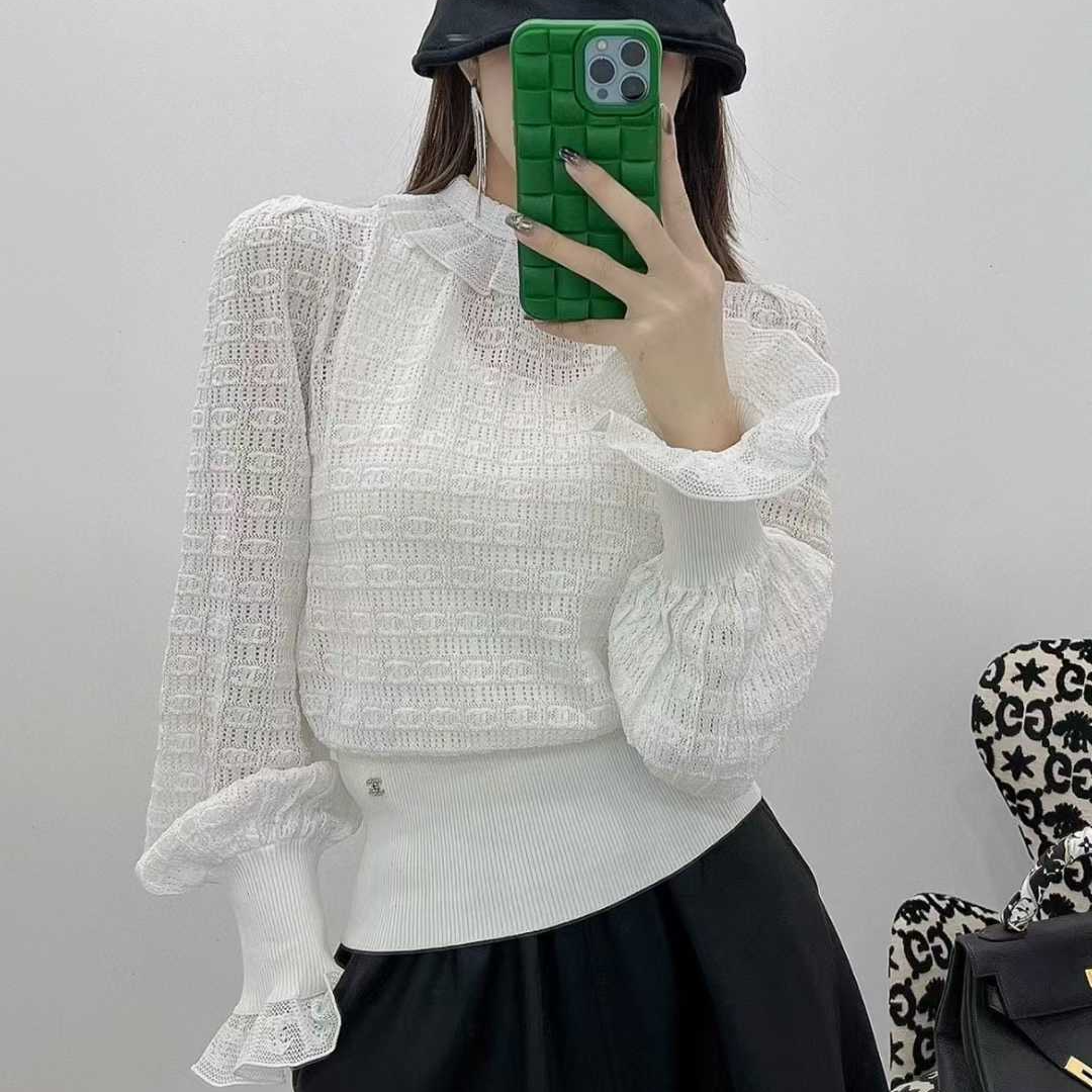 99新 Chanel/香奈儿 38码22B白色宫廷风灯笼袖双C提花针织上衣