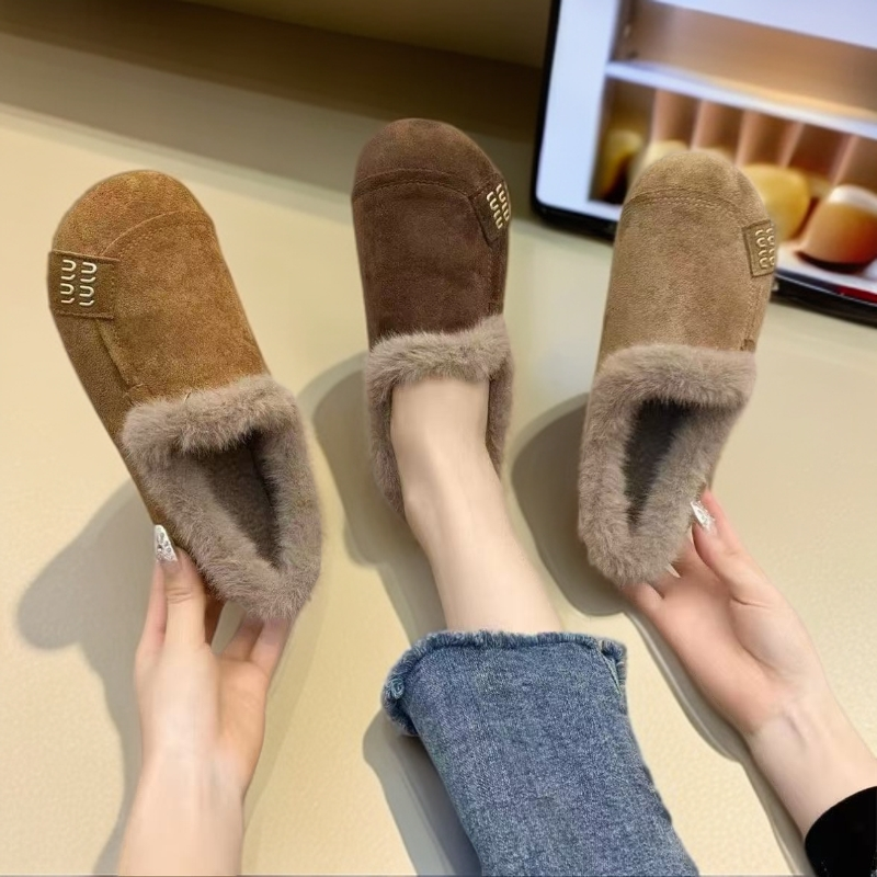 秋冬季新款防滑一脚蹬棉鞋女平底加绒保暖复古豆豆鞋D06