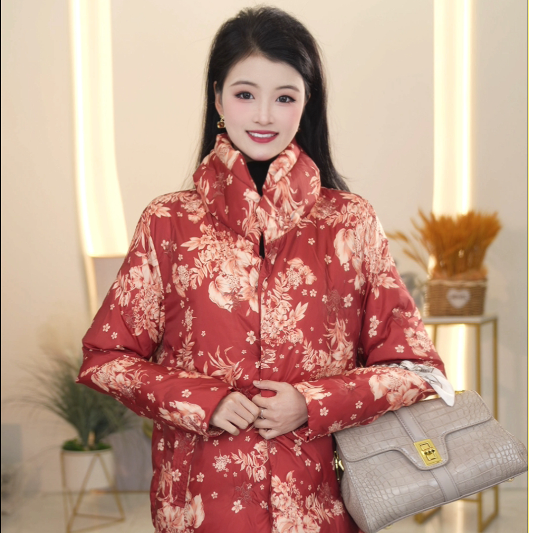 格澜芙莉2025年冬新款法式气质优雅时尚保暖碎花国风红色羽绒服