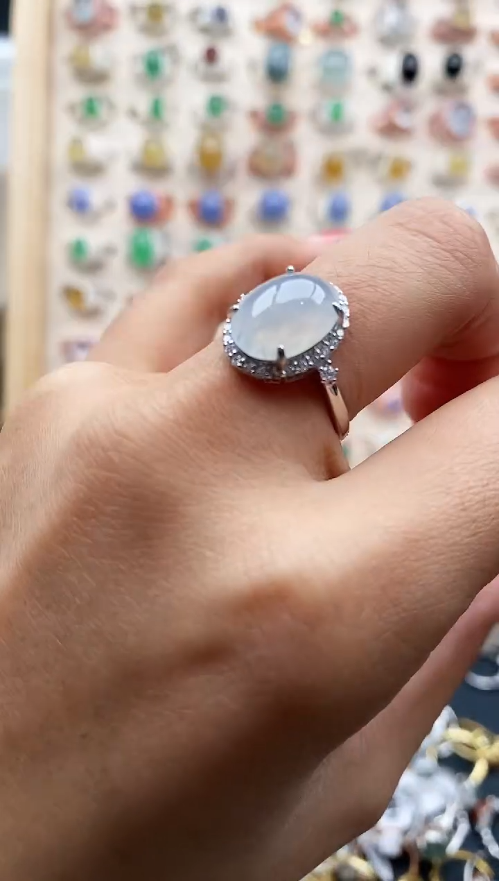 【闪购商品】翡翠戒指银S925镶嵌缅甸天然A货翡翠555 2+10