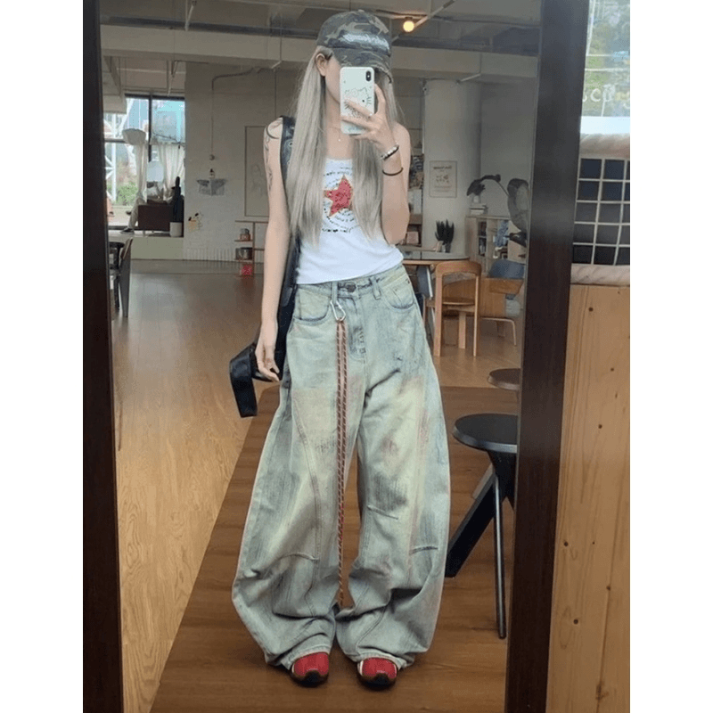 【现货+送挂绳+运费险】美式脏染做旧弯刀牛仔裤女秋季宽松阔腿裤子