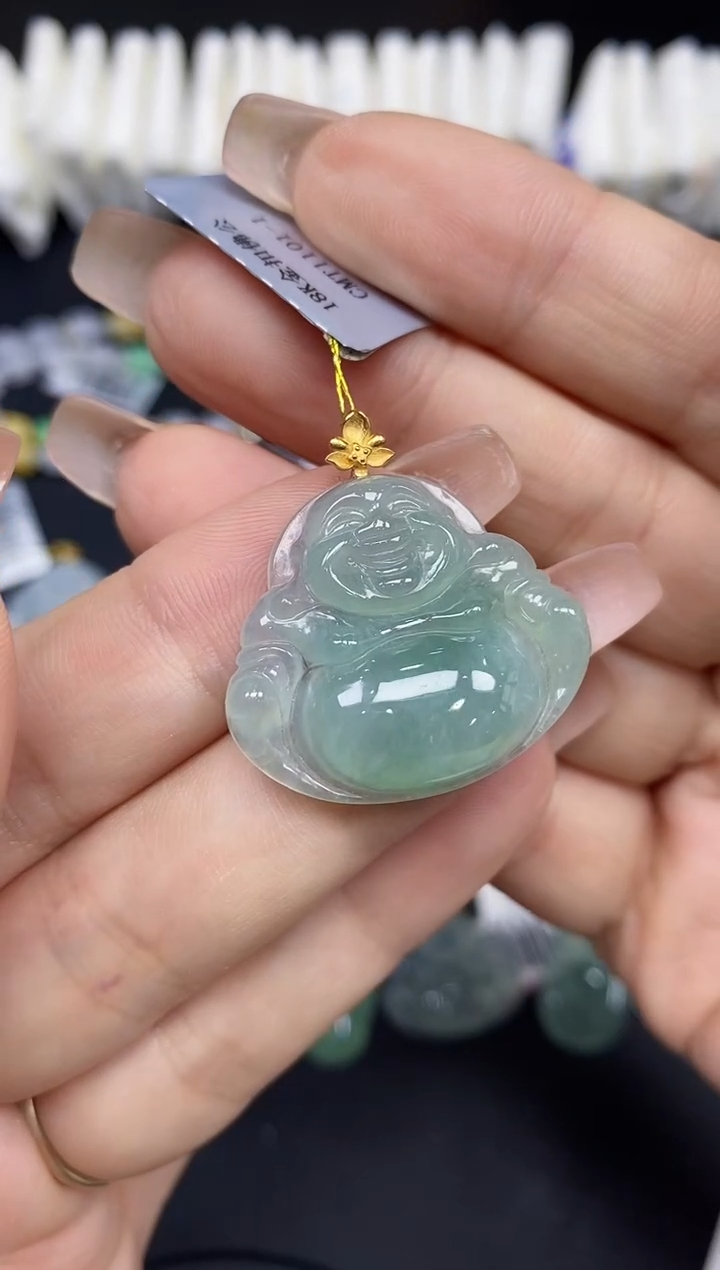 吊坠(不含链)18K金镶嵌翡翠佛公18K金扣镶嵌@@CMT1101-1