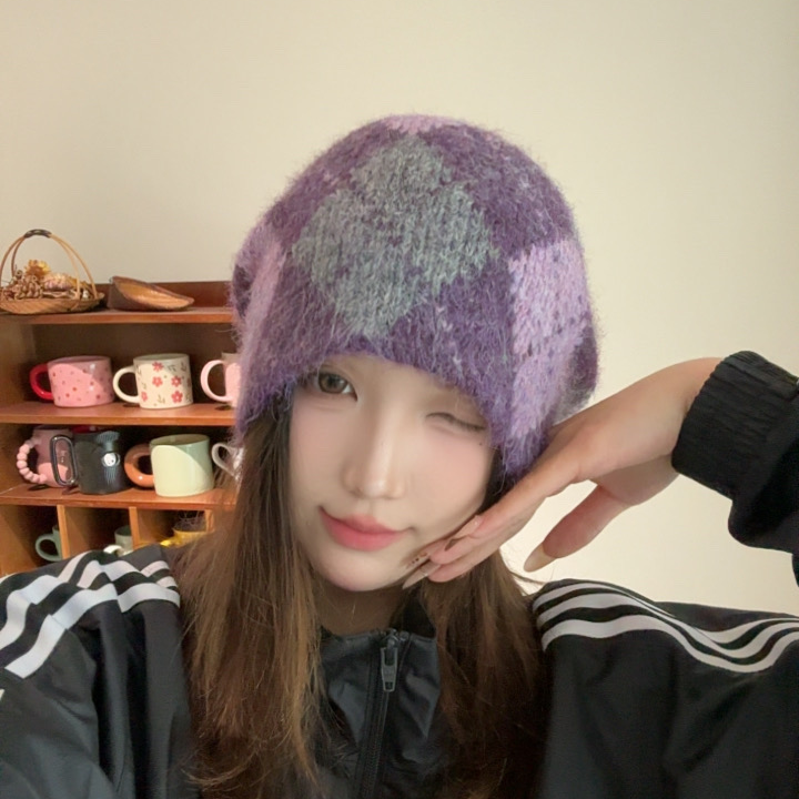 新款格纹休闲风帽子加绒包头帽套头帽针织帽冷帽圆顶韩版冬季