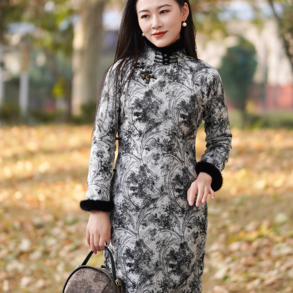 千帆旗袍 玄羽 凤尾花苏锦长袖水貂毛蚕丝 棉旗袍无省修身