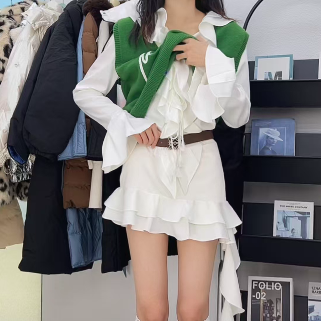 荷叶边木耳边设计感连衣裙短裙长袖裙子38DD161087（非朵以）