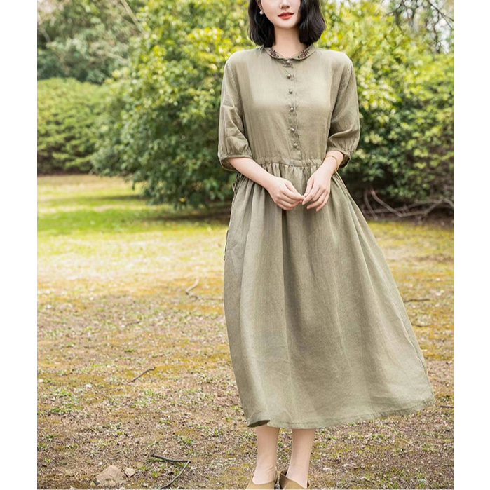 孤品特价纯苎麻精细刺绣翻领显瘦夏季小个子宽松显瘦气质薄连衣裙